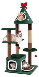 KOMFOTTEU Katzenkratzbaum mit 2 Höhlen und 3 Plüschbällen in Grün, 137 cm Katzenturm mit waschbarem Kissen – Bild 1 von 1