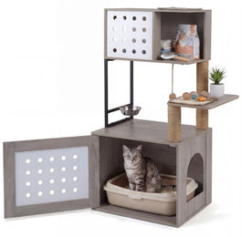 KOMFOTTEU Kratzbaum aus Holz mit Katzenklo-Schrank, Futterplattform, 3 Sisal-Kratzpfosten und 2 Kratzbrettern – Bild 1 von 1