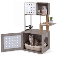 Produktbild von KOMFOTTEU Kratzbaum aus Holz mit Katzenklo-Schrank und Futterplattform, Grau