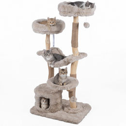 KOMFOTTEU Kratzbaum aus Massivholz und Plüsch mit Hängematte, Höhle, 3 Plattformen und 2 Plüschbällen für Katzen – Bild 1 von 1