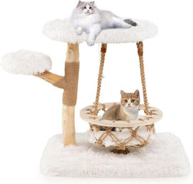 KOMFOTTEU Kratzbaum für Katzen aus Holz mit Hängeschaukel und Plüschplattform in Weiß und Natur – Bild 1 von 1