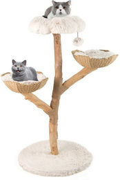 KOMFOTTEU Kratzbaum für Katzen mit 2 Rattan-Körbchen, Plüschball und erweiterter Basis in Beige und Weiß – Bild 1 von 3