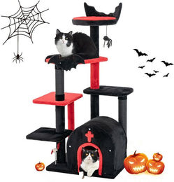 KOMFOTTEU Kratzbaum Gothic für Katzen mit Aussichtsplattform aus Holz in Schwarz und Rot – Bild 1 von 4