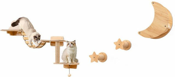 KOMFOTTEU Kratzbaum Kletterwand aus Holz mit Hängematte, 2 Kratzstangen, 2 Plattformen und Brücke in Beige und Natur für Katzen – Bild 1 von 2