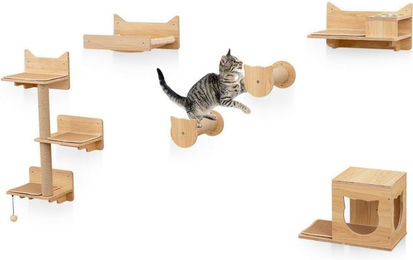 KOMFOTTEU Kratzbaum Wandpark Kletterwand mit Hängematte aus Holz in Beige für Katzen – Bild 1 von 4