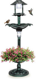 KOMFOTTEU Vogelhaus mit Vogeltränke, Vogelbad und Futterhaus inklusive Blumentopf und Solar-Leuchten aus Kunststoff in Bronze und Grün – Bild 1 von 5