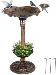 KOMFOTTEU Vogeltränke und Vogelbad mit Solarlicht und Blumentopf in Braun aus Kunststoff – Bild 1 von 5