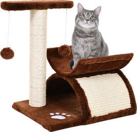 Kompakter Katzenkratzbaum für kleine Katzen mit Tunnel, U-förmiger Liegefläche und Spielball in Braun – Bild 1 von 4