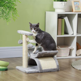 Kompakter Katzenkratzbaum mit Spielball aus Plüsch und Sisal in Braun und Grau, 40 x 30 x 43 cm – Bild 1 von 1
