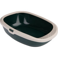 Produktbild von kooa Schalentoilette für Katzen aus recyceltem Kunststoff in Grün und Beige mit tiefem Einstieg 53 x 41 x 16 cm