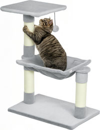 Kratzbaum für Katzen mit 3 Kratzstämmen aus Natursisal, Plattform, Hängematte und Ball, Grau, 50 x 26 x 70 cm – Bild 1 von 3