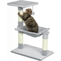 Produktbild von Kratzbaum für Katzen mit 3 Kratzstämmen aus Natursisal, Plattform, Hängematte und Ball, Grau, 50 x 26 x 70 cm