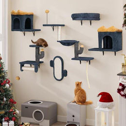 Kratzsäule Set für Katzen aus Plüsch in Gelb und Blau inklusive Katzenmatte und Hängematte – Bild 1 von 1