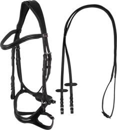 Produktbild von Krone Supreme Satteltrense aus Leder mit anatomischer Kombination und Nasenriemen für Pferde in Schwarz