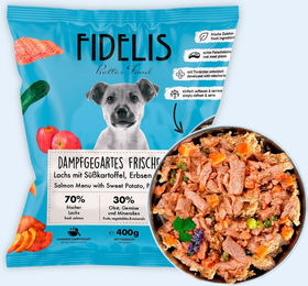 Produktbild von Lachs mit Süßkartoffel, Erbse und Zucchini (400g, gefroren)