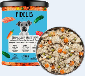 Produktbild von Lachs mit Süßkartoffel, Erbse und Zucchini (400g, im Glas)