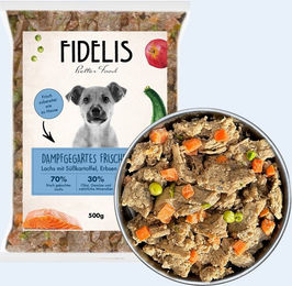 Produktbild von Lachs mit Süßkartoffel, Erbsen und Zucchini (500g, tiefgefroren)