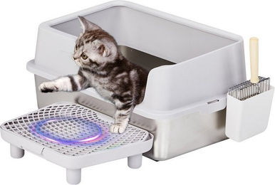 LALAHO Katzentoilette Katzenklo, Halbgeschlossen Edelstahl, mit Pedal und Spaten, 61 x 40 x 33CM – Bild 1 von 5