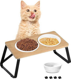 Produktbild von LEAZZLE Erhöhter Katzennapf aus Keramik mit Bambusrahmen