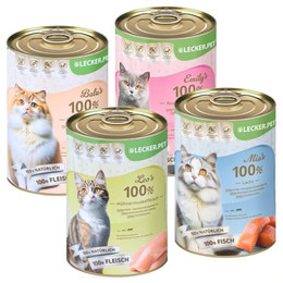 Produktbild von Lecker.Pet® 100% Fleisch & Fisch Katzen-Nassfutter Mix (Balu’s, Emily's, Leo's & Mia's) - 24 x 400 g