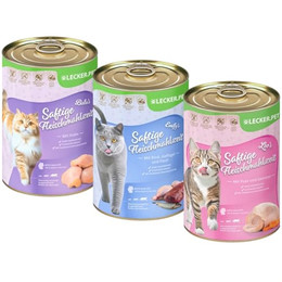 Produktbild von Lecker.Pet Balu's, Emily's & Leo's Saftige Fleischmahlzeit Katzenfutter Nassfutter Mix - 18 x 400 g