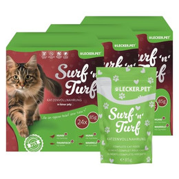Produktbild von Lecker.Pet Surf'n'Turf Pouches Katzenfutter in feiner Jelly - 72 x 85 g
