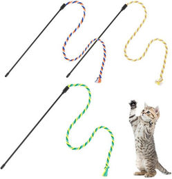 Produktbild von Ledander Tier-Beschäftigungsspielzeug 3er-Set,Baumwollseil-Spielangel mit Spielzeugen mit Glöckchen, Interaktive Katzenangel,Zauberstab für Kitten-Training,Schnurspielzeug