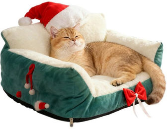 Produktbild von Ledander Tierbett Katzensofa, Weihnachtsstuhl mit Weihnachtsmannmütze,