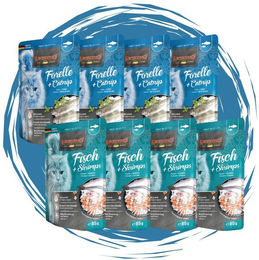Produktbild von Leonardo Catfood Leonardo Frischebeutel Bundle - 8x85g verschiedene Sorten im Mixpaket 4x Forelle & Catnip und 4x Fisch & Shrimps, Nassfutter für: Katzen