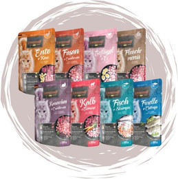 Produktbild von Leonardo Catfood Leonardo Frischebeutel Bundle - 8x85g verschiedene Sorten im Mixpaket Mix 1 (Ente, Fasan, Geflügel, Fleischmenü, Kaninchen, Kalb, Fisch & Forelle)