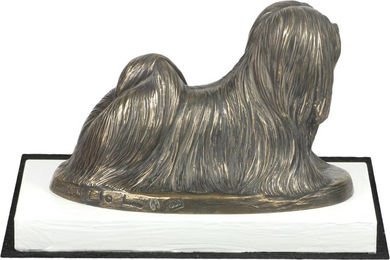 Produktbild von Lhasa Apso Hundefigur auf weißem Holzsockel