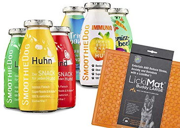 Produktbild von Lickimat Buddy L mit SmoothieDog Hundesmoothie 6er Probierset - 6 x 250 ml