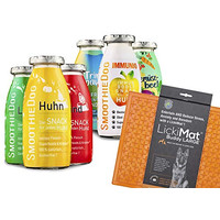 Produktbild von Lickimat Buddy L mit SmoothieDog Hundesmoothie 6er Probierset - 6 x 250 ml