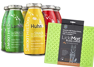 Produktbild von Lickimat L 30,5x25,5cm mit SmoothieDog Hundesmoothie 6er Mix Klassik - 6 x 250 ml