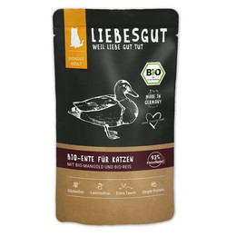Produktbild von Liebesgut Katzennassfutter Bio Ente mit Mangold und Reis 12x100g