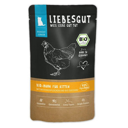 Produktbild von Liebesgut Katzennassfutter Junior Bio Huhn mit Kokosflocken und Zucchini 12x100g