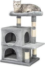 Produktbild von lionto Kratzbaum für Katzen mit 2 Höhlen und Liegefläche, Höhe 80 cm, hellgrau