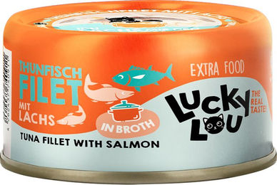 Produktbild von Lucky Lou Extra Food Filet in Brühe Thunfisch & Lachs - 12 x 70 g