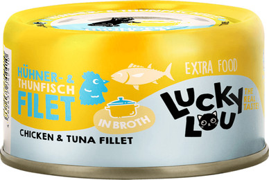Produktbild von Lucky Lou Extra Food Hühner-/Thunfischfilet in Broth - 70 g