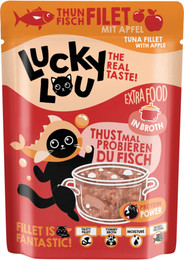 Produktbild von Lucky Lou Extra Food Pouch Thunfisch mit Apfel in Broth - 70 g