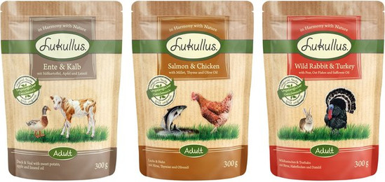 Produktbild von Lukullus Frischebeutel Naturkost Mixpaket Wildkaninchen & Truthahn / Ente & Kalb / Lachs & Huhn - 6 x 300 g