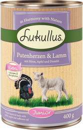 Produktbild von Lukullus Naturkost Junior Putenherzen & Lamm - 24 x 400 g