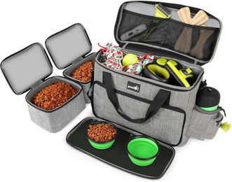 Produktbild von LuxusKollektion Hunde-Halsband Hundereisetasche Groß mit Hundenäpfen und Aufbewahrungstaschen Grau