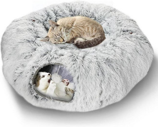 Produktbild von LuxusKollektion Katzenkäfig Plüsch Katzentunnel mit Katzenbett und hängendem Ball Grau