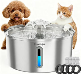 LA CUTE Katzen Trinkbrunnen aus Edelstahl mit Fontäne und LED Wasserstandsanzeige 3,2L – Bild 1 von 5