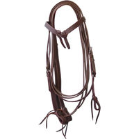 Produktbild von Lakota Western-Pferdezaum aus Leder mit glattem Lederbogen und Zügeln in Braun