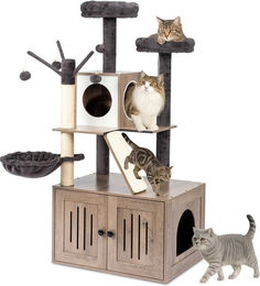 LALAHO Kratzbaum mit Katzenklo Schrank für Katzen, 134,5 cm hoch, mit Liegemulde und Plüschbällen – Bild 1 von 5