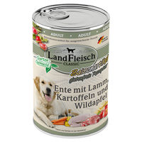 Produktbild von LandFleisch Classic Hundefutter Ente mit Lamm, Kartoffeln, Wildapfel und Gartengemüse Stückchen in Sauce, glutenfrei, hoher Fleischanteil, 6 x 400 g - 6 x 400 g