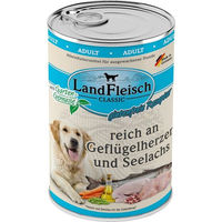 Produktbild von LandFleisch Dog Classic Hundefutter Adult Geflügelherzen und Seelachs glutenfrei ohne Zucker 6x400g