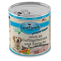Produktbild von LandFleisch Dog Classic Hundefutter Adult Geflügelherzen und Seelachs Stückchen in Sauce glutenfrei und ohne Zucker 6x800g